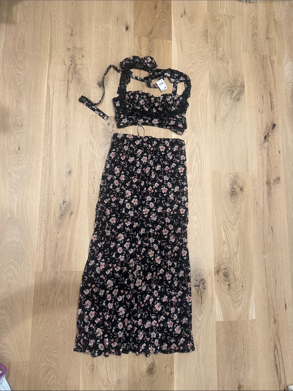 NWT! Free People Women's Black Floral Two-Piece Crop Top and Midi Skirt Set